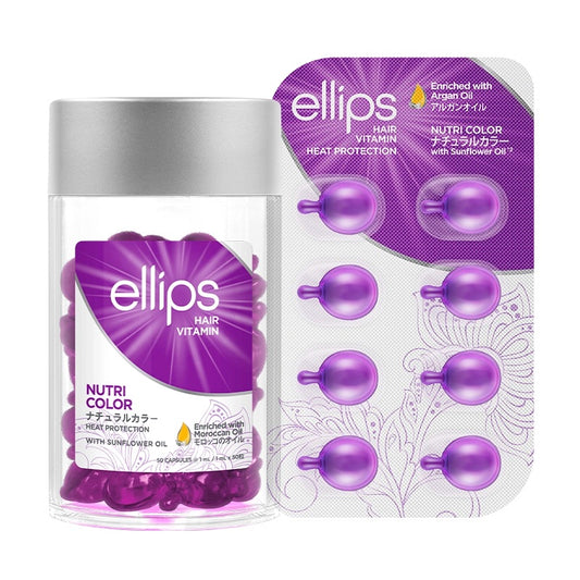 Ellips hair vitamin packaging with purple capsules and branded box on a white background