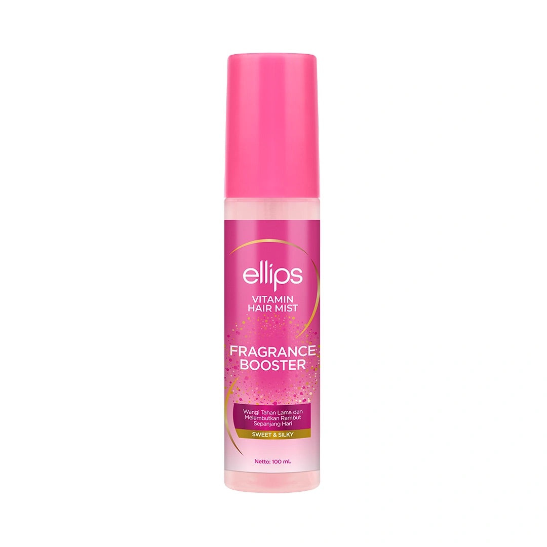 Pink bottle of ellips Vitamin Hair Mist Fragrance Booster on a white background