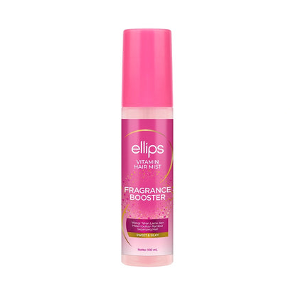 Pink bottle of ellips Vitamin Hair Mist Fragrance Booster on a white background