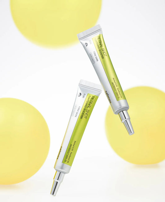 Two skincare serum tubes on a white background with yellow circles