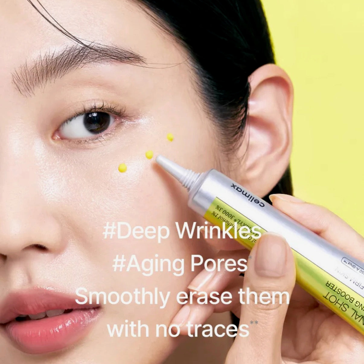 Person applying a cosmetic product to their face with text about deep wrinkles and aging pores.