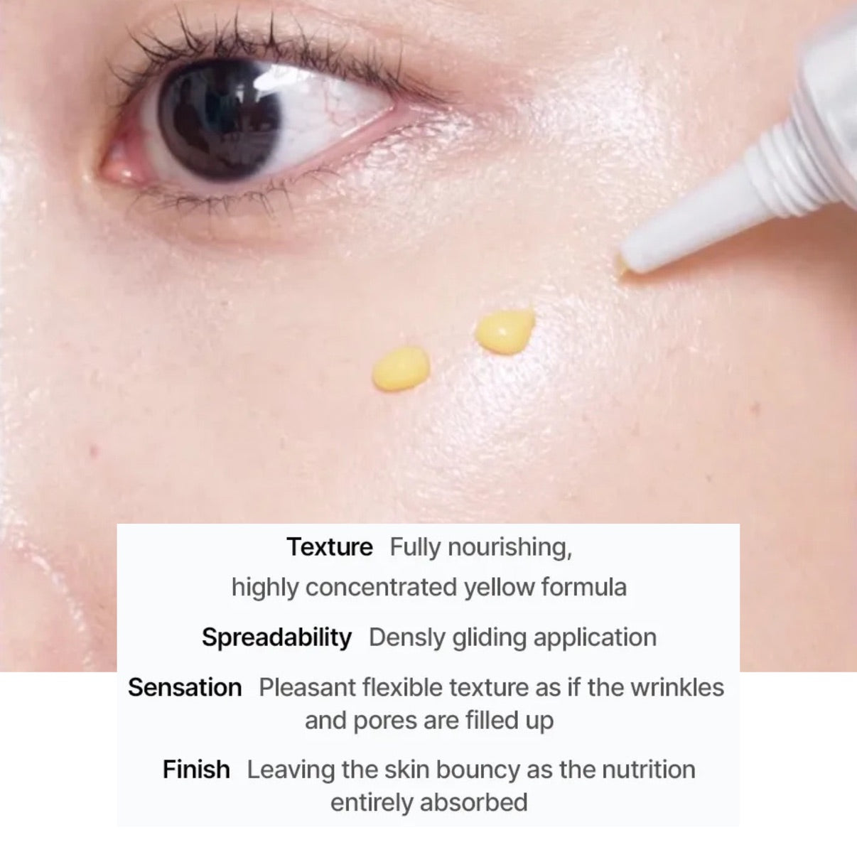 Close-up of skin with a yellow cream being applied, text describing product features.