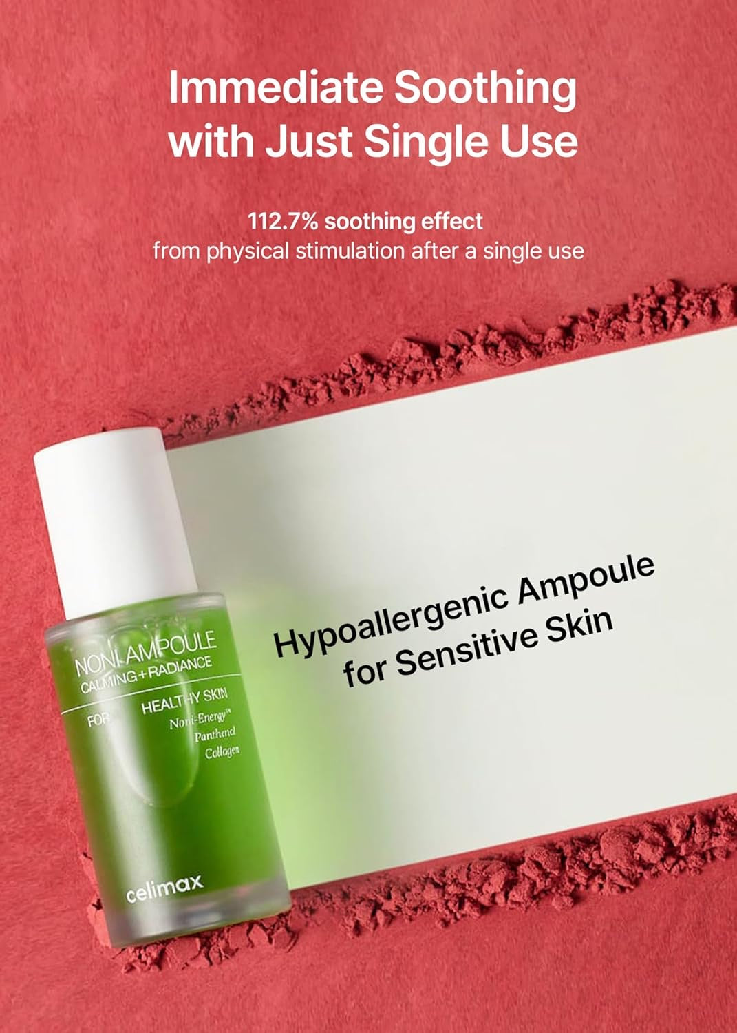 Hypoallergenic ampoule for sensitive skin with text on a red background