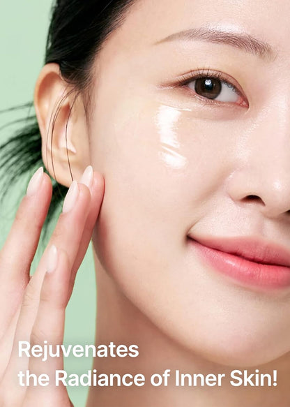 Woman applying cream to her face with a green background and text 'Rejuvenates the Radiance of Inner Skin!'.