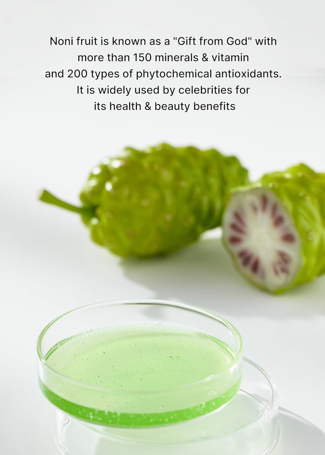 Noni fruit and juice on a white background with text about noni fruit's health benefits.