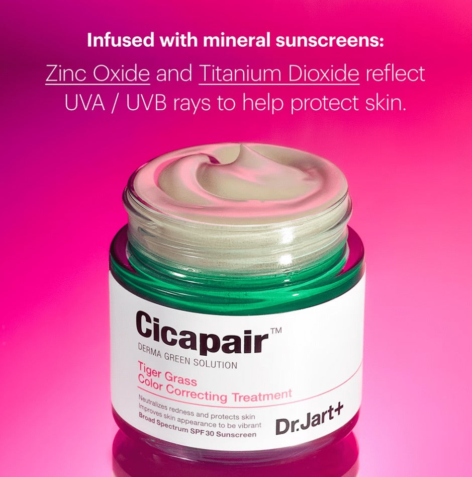 Cicapair Dr. Jart+ skincare product on a pink background with text about mineral sunscreens.