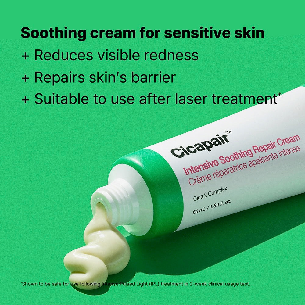 Cicapair Intensive Soothing Repair Cream tube with green background and text about benefits.