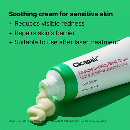 Cicapair Intensive Soothing Repair Cream tube with green background and text about benefits.