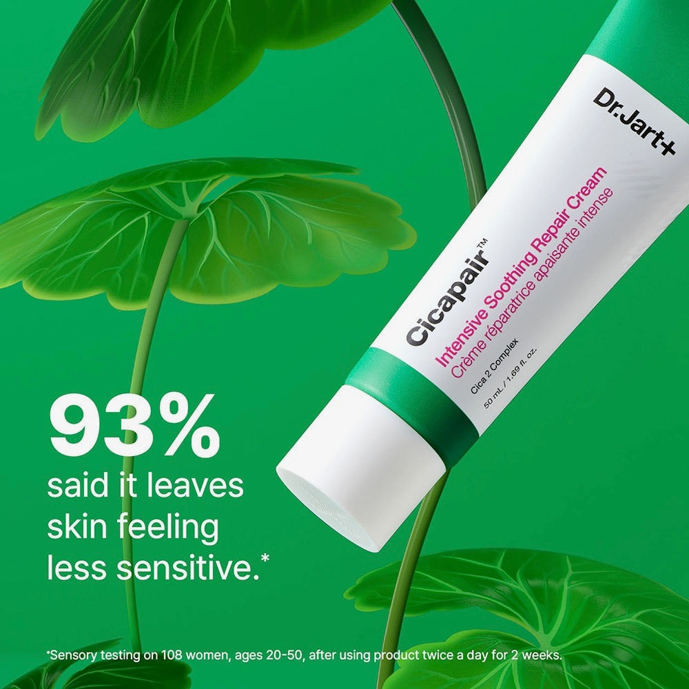 Dr. Jart+ Cicapair Intensive Soothing Repair Cream with green leaves on a green background