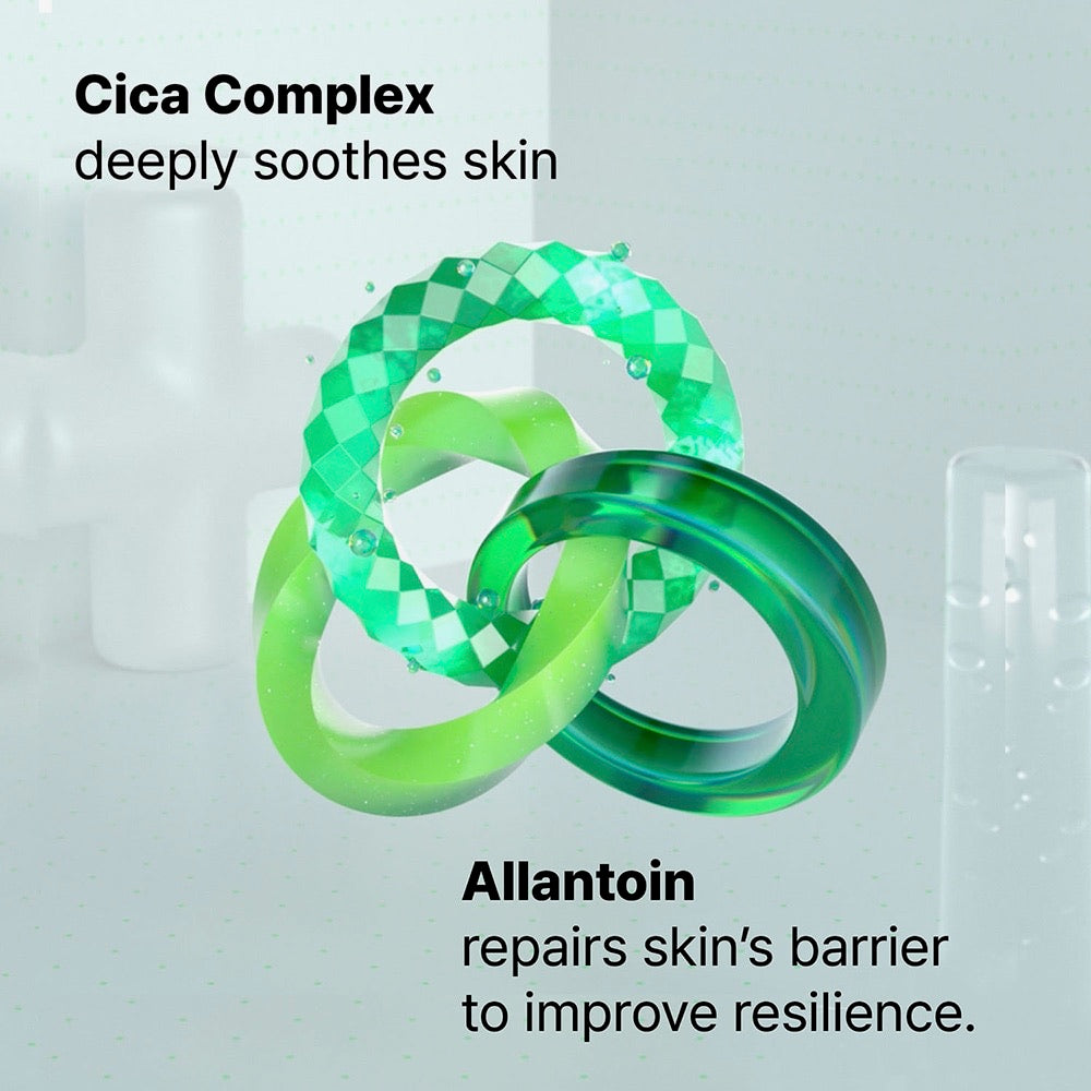 Green and clear rings with text about Cica Complex and Allantoin on a light gray background
