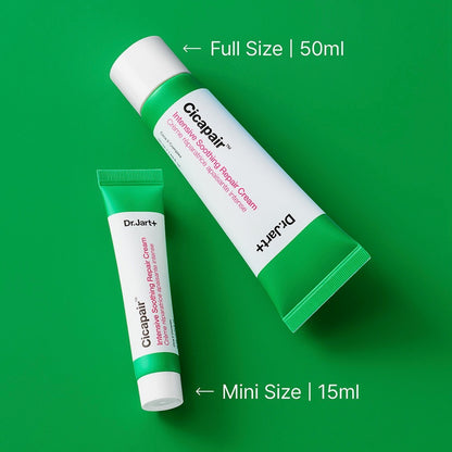 Dr.Jart+ Cicapair Intensive Soothing Repair Cream in full size 50ml and mini size 15ml on a green background