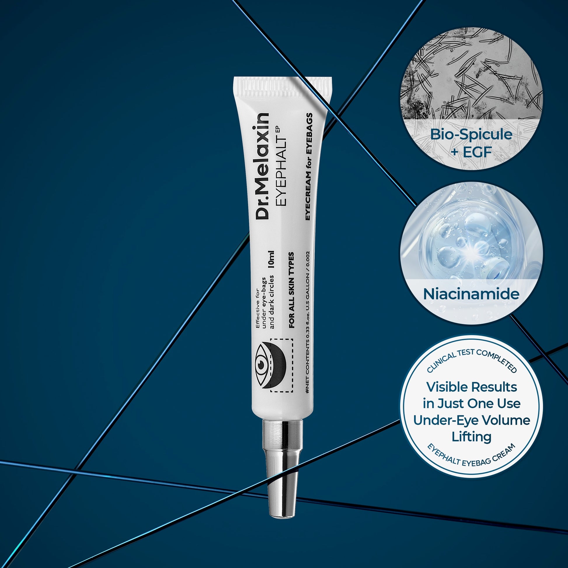 Dr. Melanax eye cream tube with ingredient highlights on a blue background