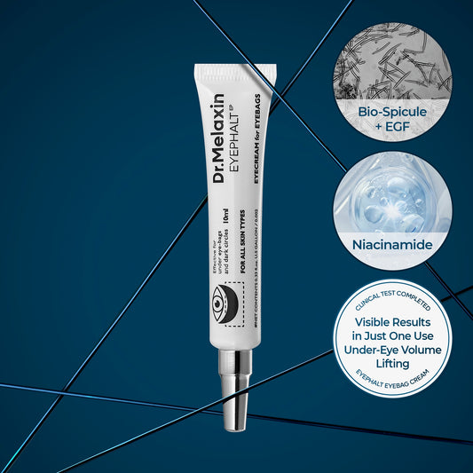 Dr. Melanax eye cream tube with ingredient highlights on a blue background