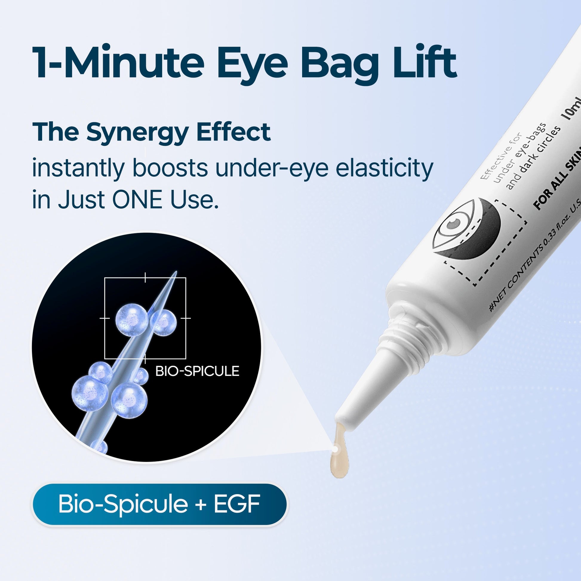 Eye cream tube with text about 1-Minute Eye Bag Lift and its effects on under-eye elasticity.