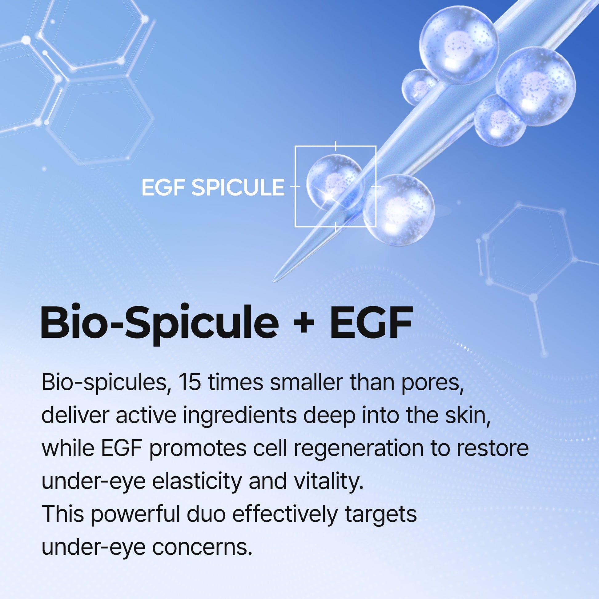 Advertisement for Bio-Spicule + EGF with text and molecular structure illustration on a blue background