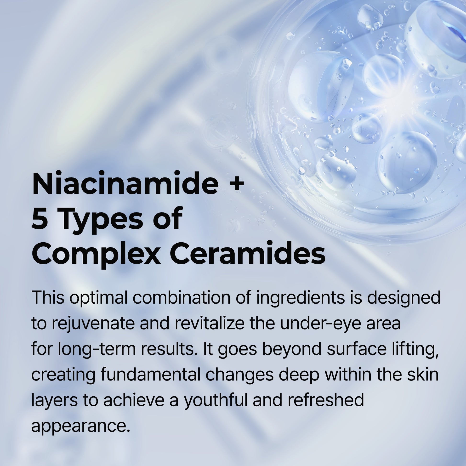 Text about niacinamide and complex ceramides for skin rejuvenation with a close-up of skincare product.