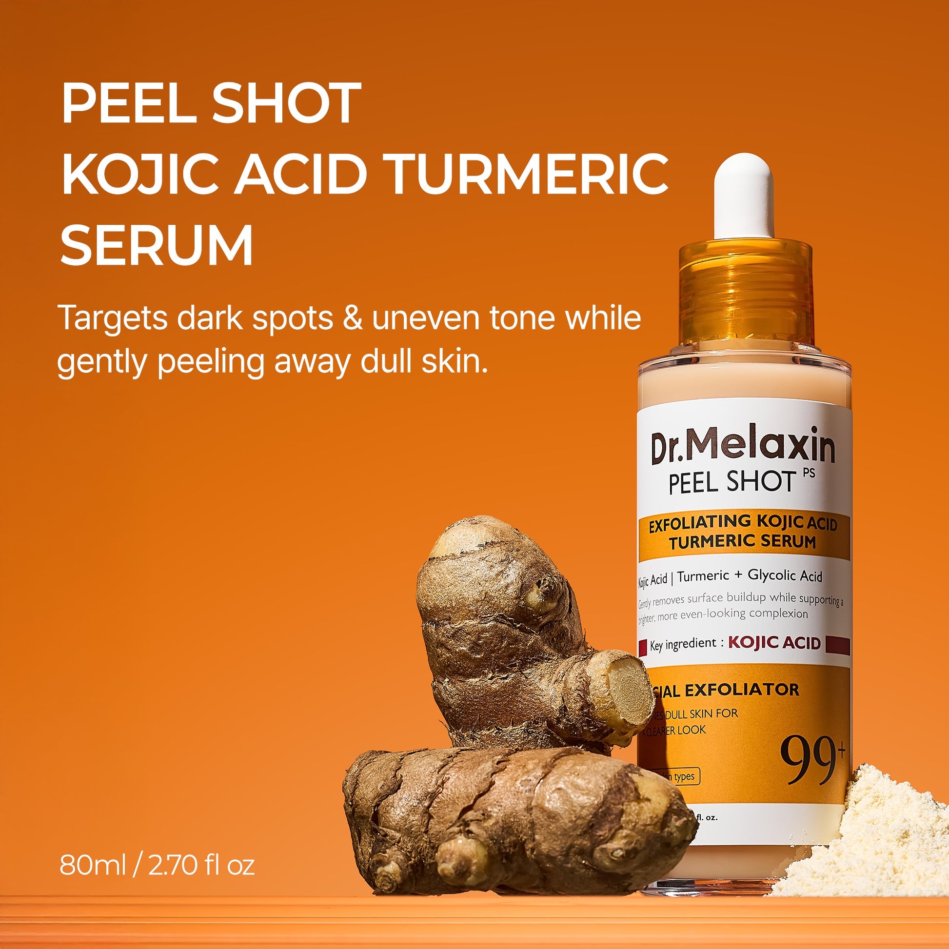 Dr. Melaxin peel shot kojic acid turmeric serum with turmeric root and powder on an orange background