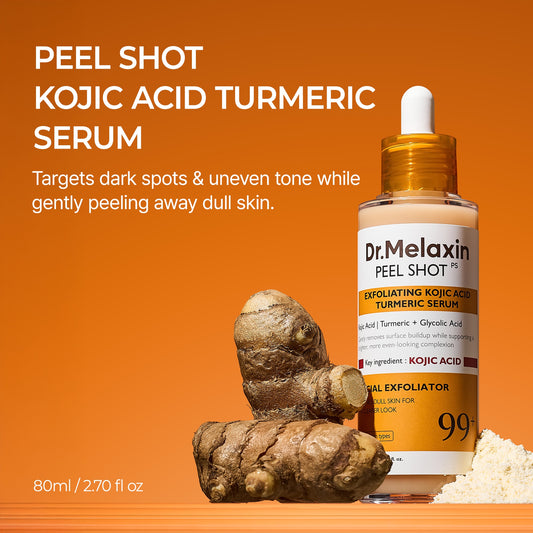 Dr. Melaxin peel shot kojic acid turmeric serum with turmeric root and powder on an orange background