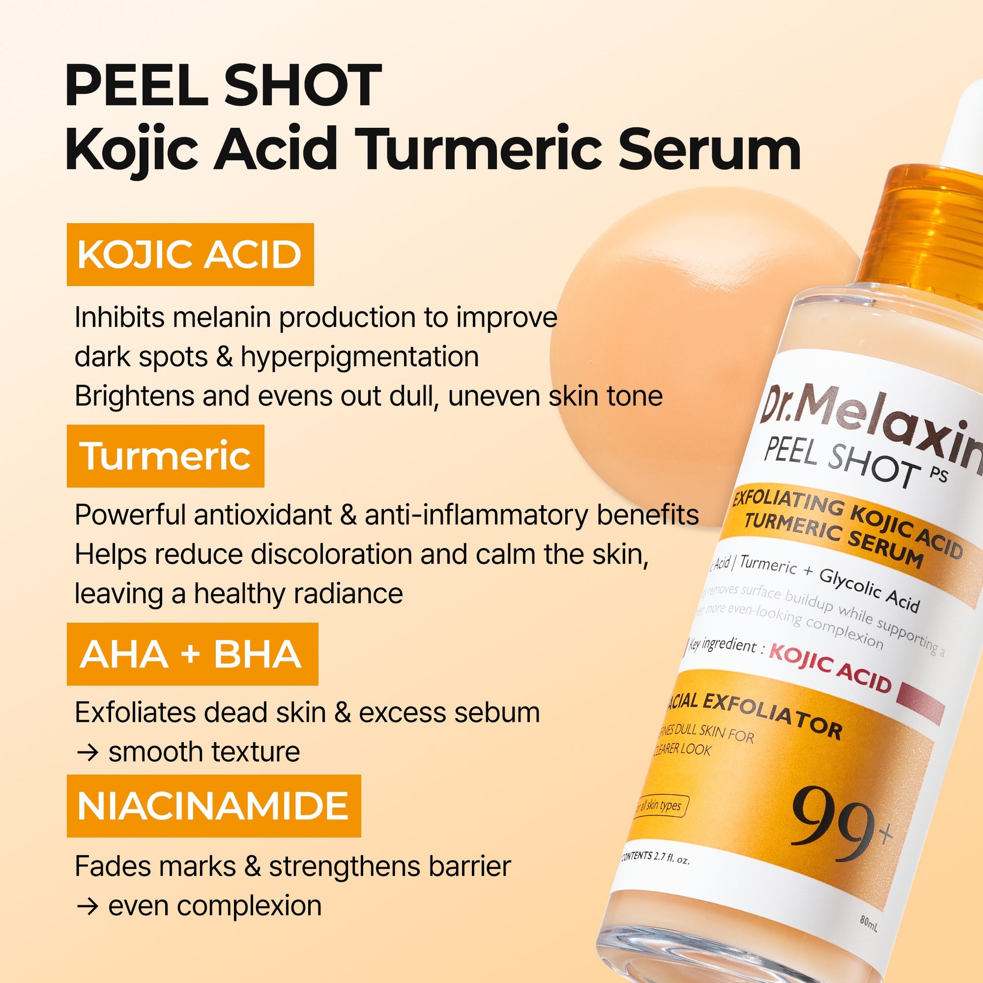 Dr. Melaxin peel shot with kojic acid and turmeric on a beige background