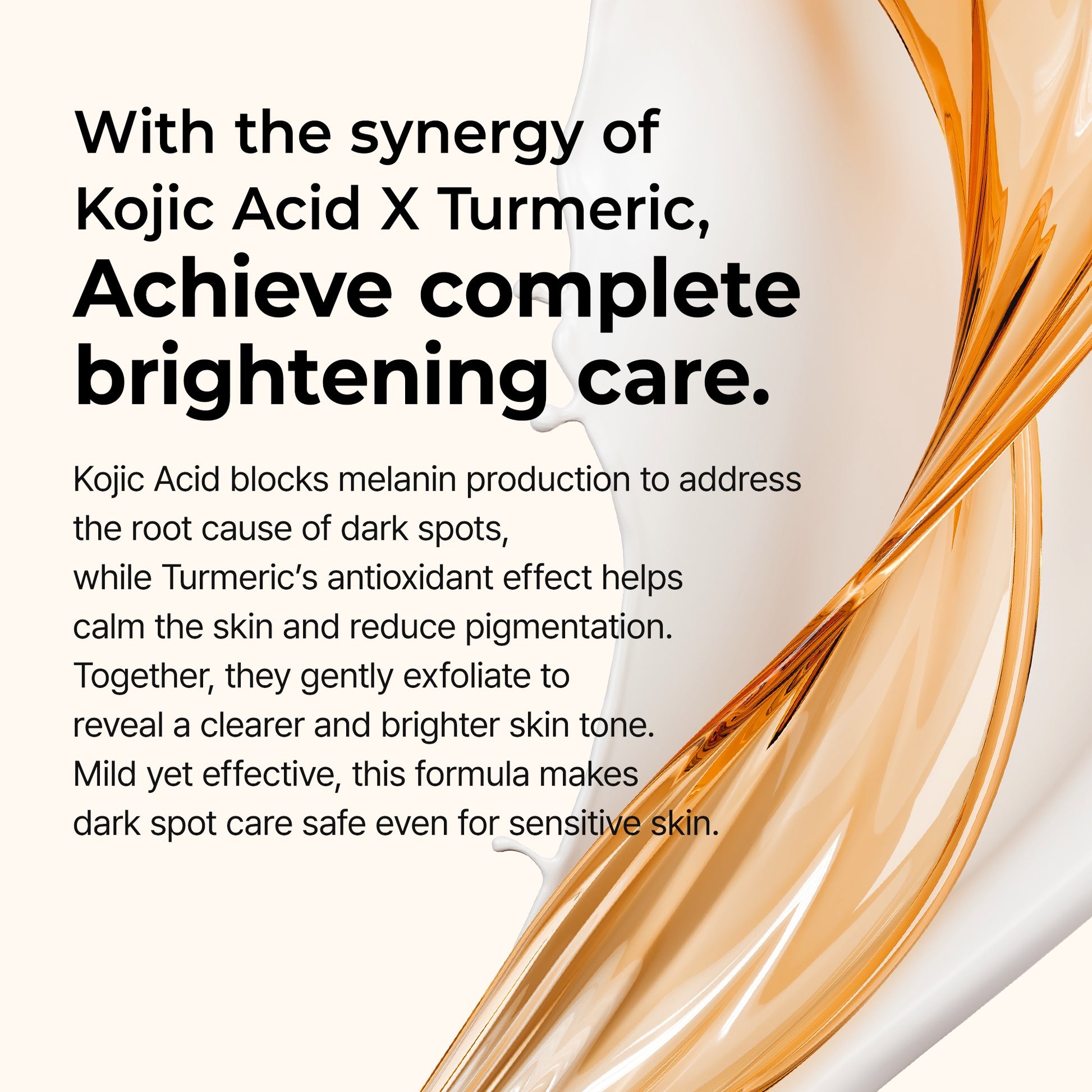 Product advertisement with text about Kojic Acid X Turmeric for skin brightening care.