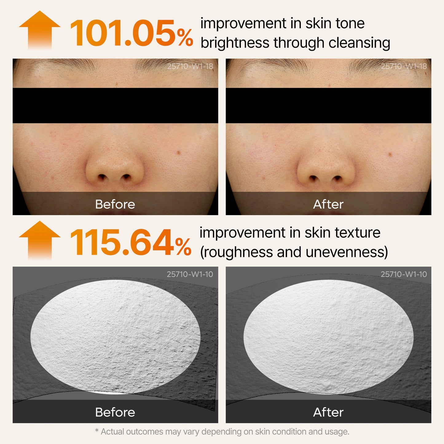 Before and after comparison of skin tone and texture improvement with cleansing.