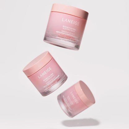 Three pink Laneige skincare jars on a light gray background