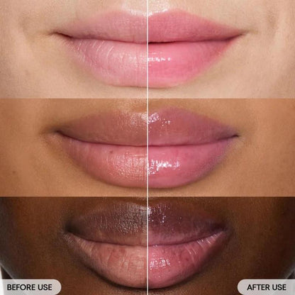 Before and after comparison of lips using a cosmetic product.