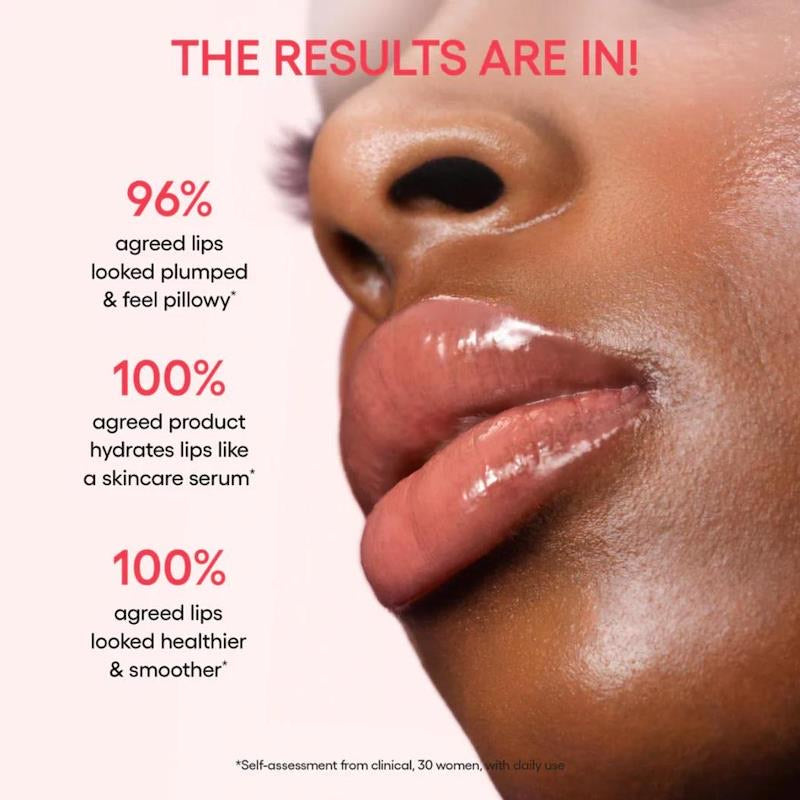 Close-up of a person's lips with product claims text on a white background