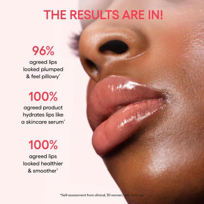 Close-up of a person's lips with product claims text on a white background