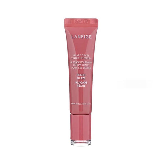 Laneige lip serum with peach glaze on a white background