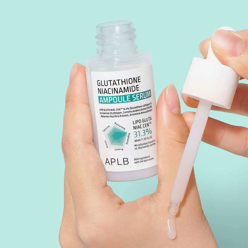 Hand holding a bottle of APLB Glutathione Niacinamide Ampoule Serum with a dropper against a light blue background.