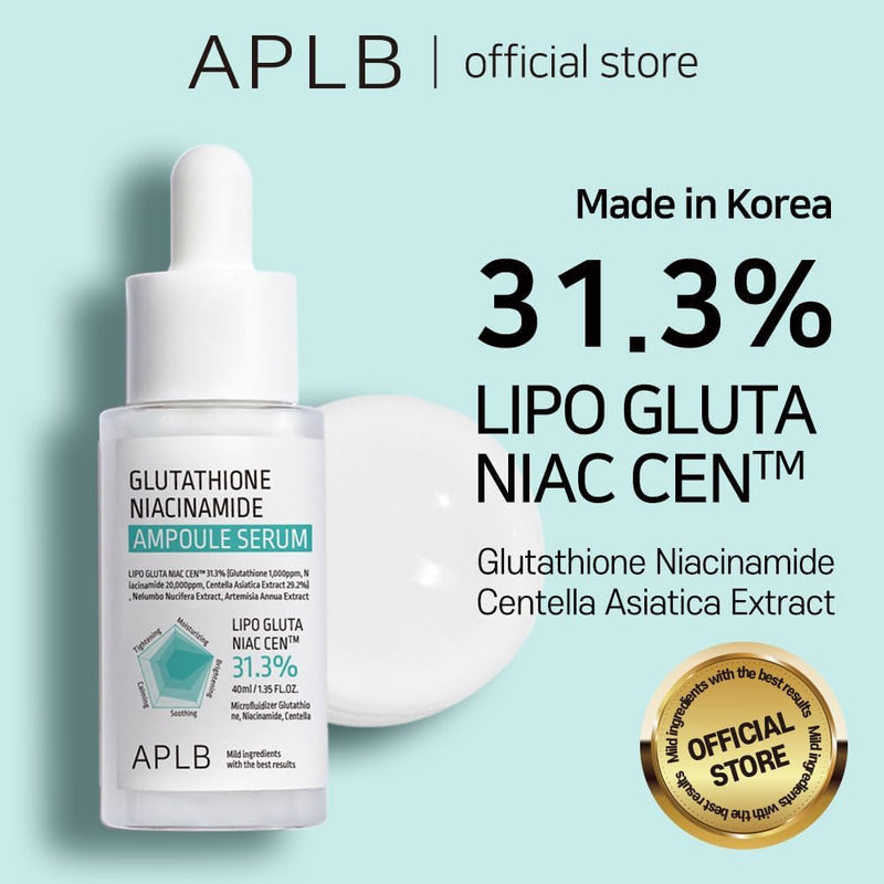 APLB glutathione niacinamide ampoule serum with product details on a light blue background