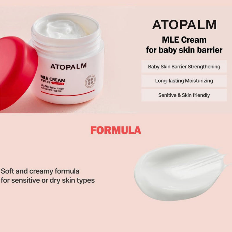 Atopalm MLE Cream jar with cream sample on a pink background