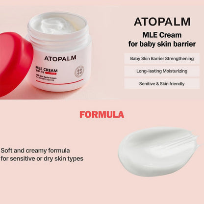 Atopalm MLE Cream jar with cream sample on a pink background