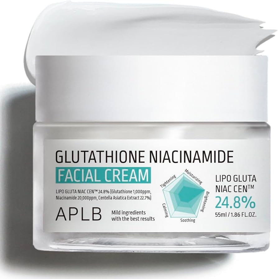 Facial cream jar with glutathione niacinamide ingredients on a white background