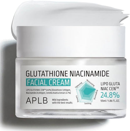 Facial cream jar with glutathione niacinamide ingredients on a white background