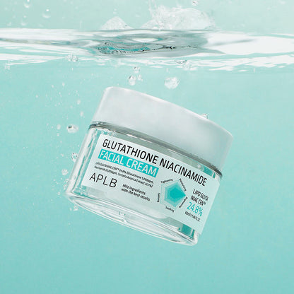 Jar of Glutathione Niacinamide Facial Cream with water effect