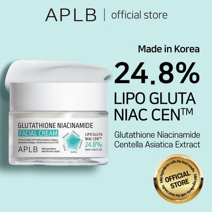APLB facial cream jar with product details on a light blue background