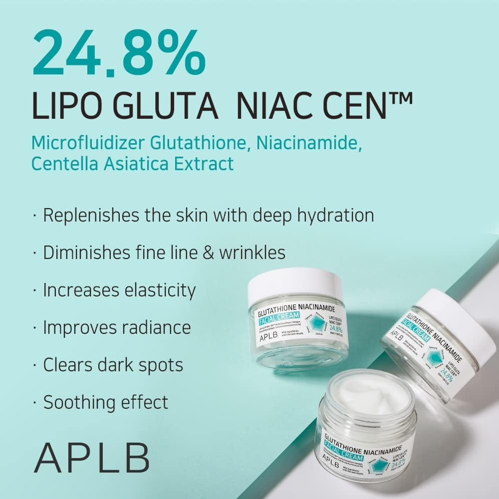 Skincare product with Lipo Gluta Niac Cen formula on a light blue background