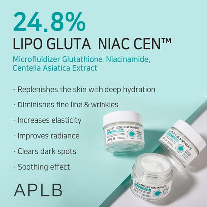 Skincare product with Lipo Gluta Niac Cen formula on a light blue background