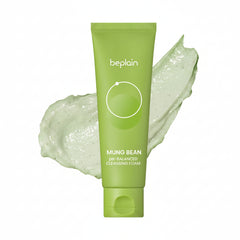 Green tube of beplain Mung Bean pH-Balanced Cleansing Foam with foam on a white background