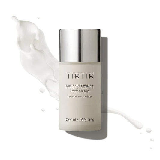 TIRTIR Milk Skin Toner bottle with a silver cap on a white background