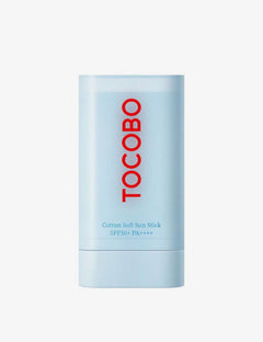 Tocobo sunscreen stick with blue packaging and red text on a white background