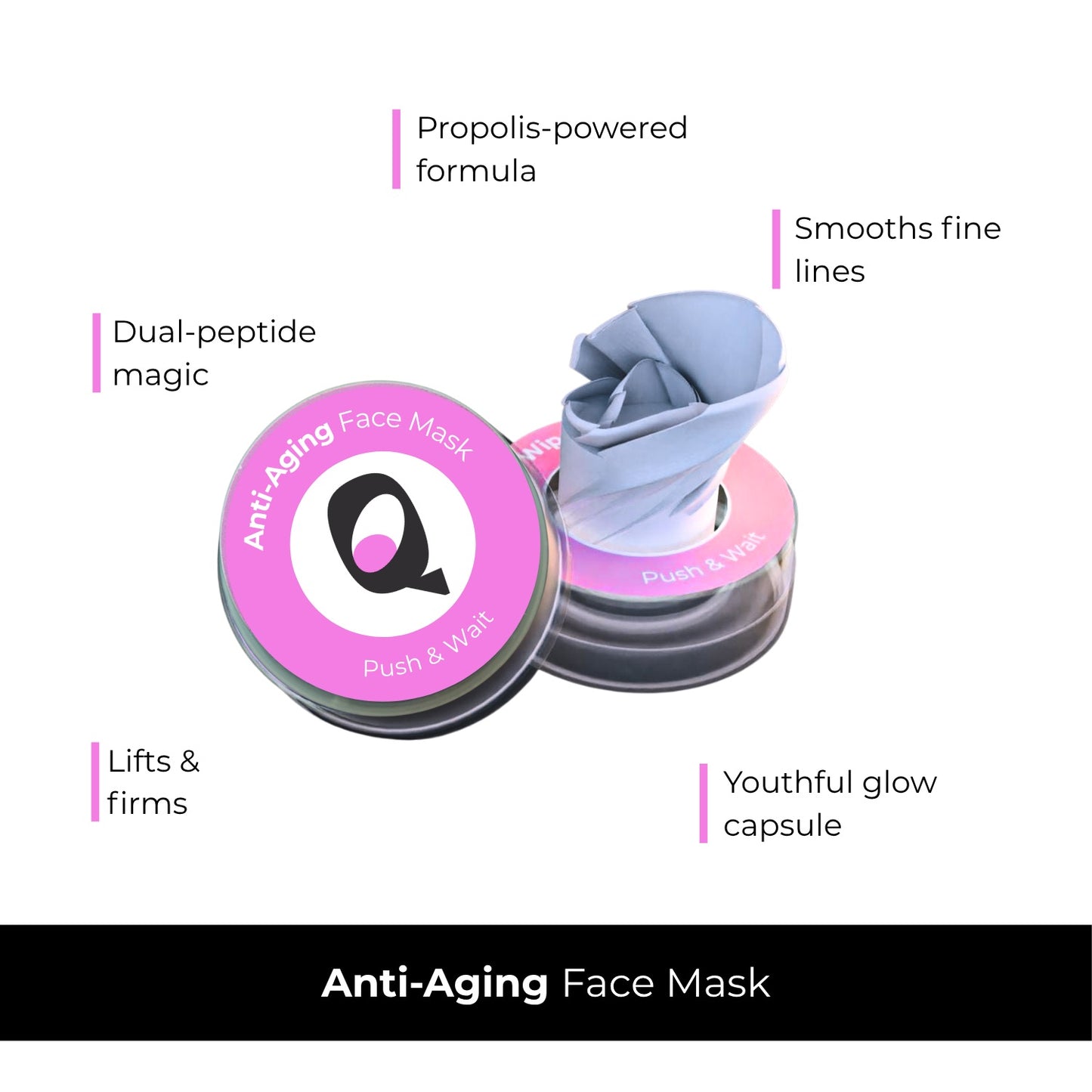Anti-aging face mask packaging with text highlighting features on a white background