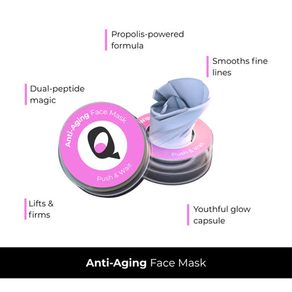 Anti-aging face mask packaging with text highlighting features on a white background