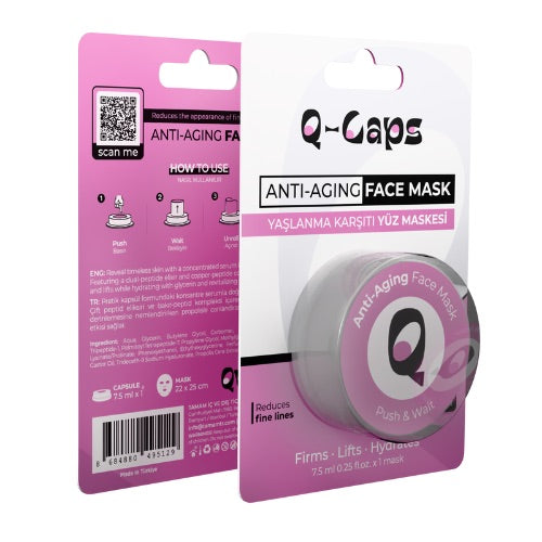 Anti-aging face mask packaging with Q-Gaps branding on a white background