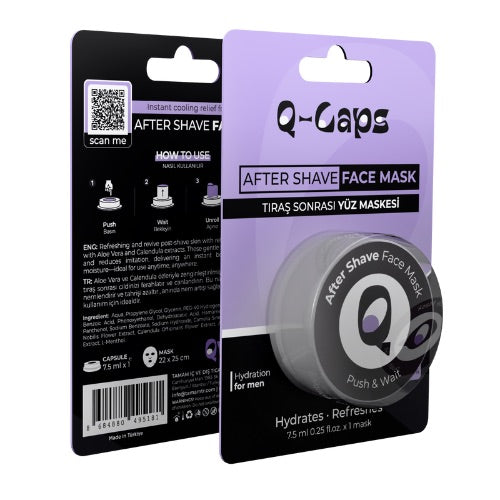 Q-Gaps after shave face mask packaging with black and purple design on a white background