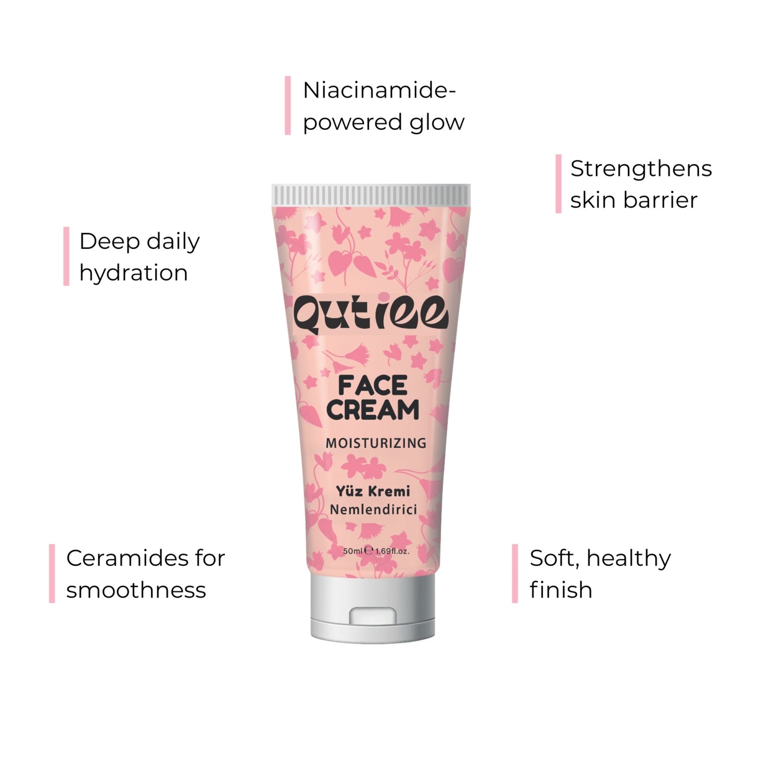 Quittie face cream tube with text highlighting benefits on a white background