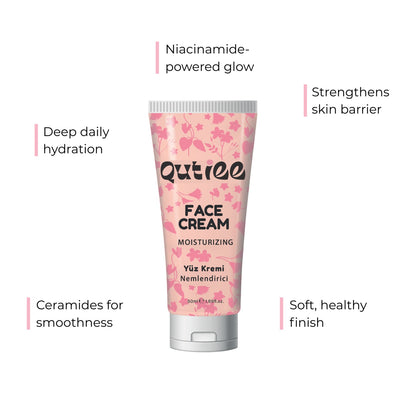 Quittie face cream tube with text highlighting benefits on a white background