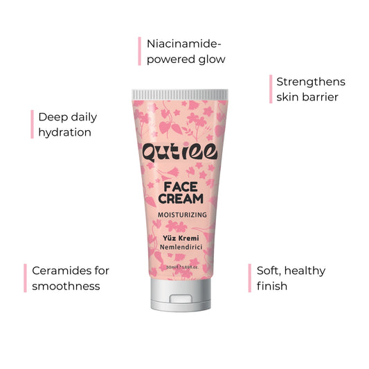 Quittie face cream tube with text highlighting benefits on a white background